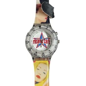 Vintage 1990s Fashion Cafe Logo Watch NOS Quartz Clear Strap Pop Culture Promo